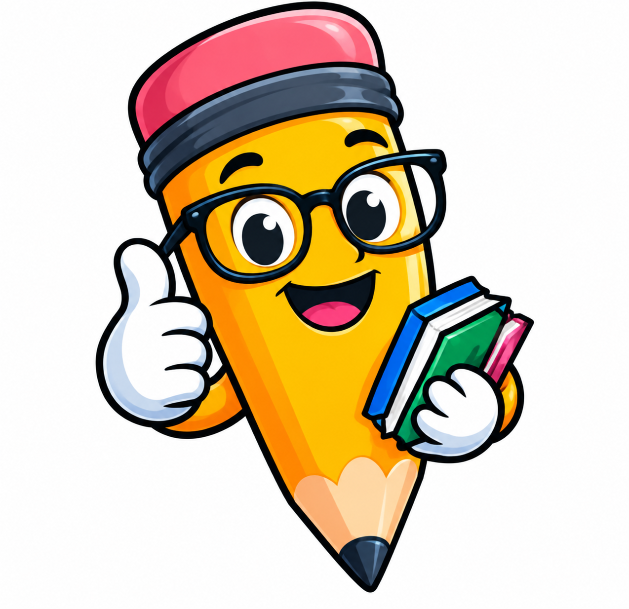 Mascote do Amigo Pedagógico com livros e joinha